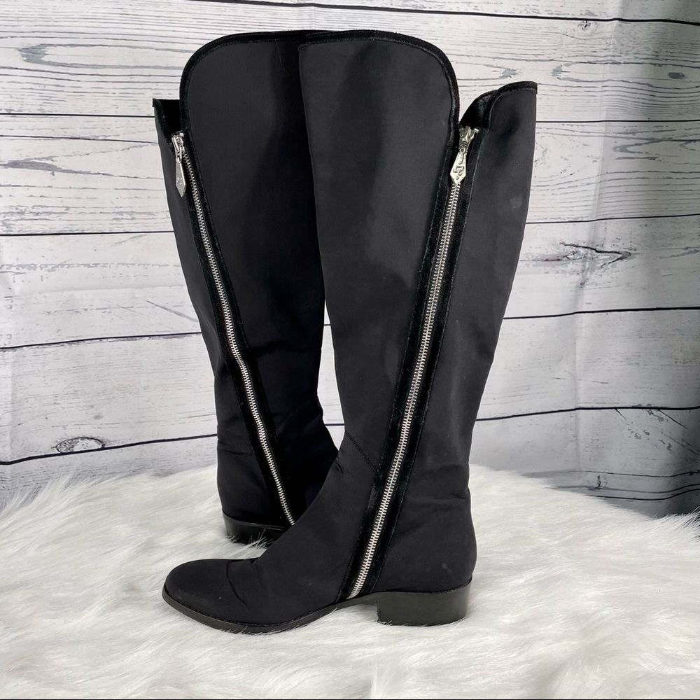 VIBRAM Knee High Boots, Black Sleek Silky Material w/ Suede Accents, NEW